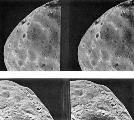 Stereo views of Phobos
Caption NASA originale:"The upper pair shows the side facing away from Mars at a range of 500 Km from the Viking 1 Orbiter. The large craters near the limb are about 4 Km across and a few hundred meters deep. The lower pair shows the side facing Mars at a range of 300 Km. 
The grooves are radiating from Stickney and are tens of kilometers long, hundreds of meters wide and can be tens of meters deep".
Parole chiave: Mars' Moons - Phobos