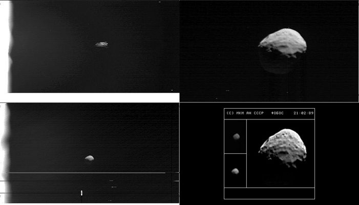 Phobos, from Phobos-2 (1)
Acknowledgments: thank-you to Andrew Ball and Basil Pivovarov for finding the rare Mars-3 images. Mars-4 and 5 images are inverse halftoned and processed from various source materials, such as "Pverkhnosti Marsa". 
Termoskan and VSK raw image data from Phobos-2 was published by the National Space Science Data Center. 
These frames were all recovered from the captivating WebSite "Mental-Landscapes" (www.mentallandscape.com/C_CatalogMars.htm), by Don P. Mitchell.
Parole chiave: Mars Moons - Phobos
