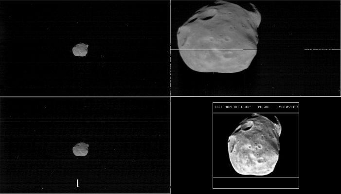 Phobos, from Phobos-2 (4)
Come dicevamo in precedenza, le immagini (tutte le immagini, ma in modo particolare quelle super-processate) sono/possono essere ora più ed ora meno ingannevoli. Questi frames, a nostro parere, lo sono.
Tuttavia, sebbene questa sequenza (un frame, in particolare, che Vi indicheremo) sia passata alla Storia grazie ad una molto probabile (ed imbarazzante) "svista ufologica", è ben possibile che di motivi - forse più validi - per restituirle una profonda dignità ce ne sìano.
Noi Vi diciamo questo: il profilo di Phobos che emerge in questi frames è chiaro e familiare. 
Ma provate anche a metterlo a confronto con altri frames ottenuti dalla Sonda MGS: vedete più somiglianze o più diversità? E qualora vedeste più diversità, provate a chiederVi che cosa sia potuto succedere a questa Luna nel breve volgere di pochi anni.
Eventi interni? Ne dubitiamo. Eventi esterni (nuovi impatti)? Davvero poco probabile. 

Voi che ne pensate?
Parole chiave: Mars Moons - Phobos