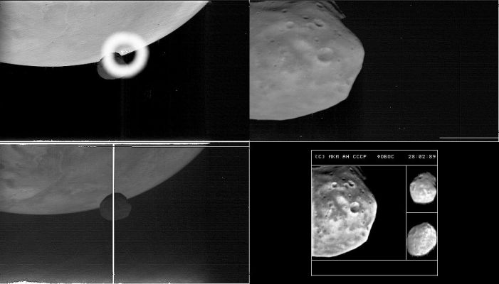 Phobos, from Phobos-2 (6)
Il frame "famoso" è il numero (9) della sequenza, e la fama deriva dal dettaglio visibile in basso a Sx: una striscia di luce che "sembrava" essere l'evidenza di un oggetto luminoso il quale si stava muovendo rapidamente in direzione di Phobos. Noi crediamo che quella striscia (già visibile, sia pure più piccola, in altri frames - mentre in questo essa arriva a "tagliare", addirittura, l'intera immagine) sia un vizio del frame il quale può essere attribuito ad un errore nella trasmissione dei dati da Phobos-2 a Terra. D'altro canto, se proprio vogliamo andare a "pescare nei più piccoli dettagli", allora Vi suggeriamo di chiederVi che cosa sìano mai quei disegnini (altri photo-artifacts? Annotazioni digitali?...) che abbiamo cerchiato in bianco...
Parole chiave: Mars Moons - Phobos - Contrpversial