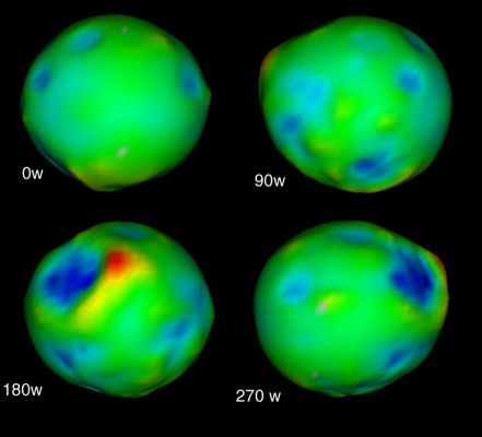 The "true shape" of Phoebe
Caption NASA originale:"This colorful graphic illustrates that despite Phoebe's bumpy, irregular topography, the moon has a fairly round shape. A digitally rendered shape model of Phoebe was constructed using Cassini imaging data obtained before and after the spacecraft's close flyby of the Saturnian moon on June 11, 2004. 
The average diameter of Phoebe is about 214 Km. The four views of the model are each separated by a 90° rotation; the upper left is centered at 0° West longitude. The others show regions of the moon centered at 90, 180 and 270° West longitude, as labeled. The coloring of the models corresponds to the height of Phoebe's surface, relative to the lowest point - a range of about 16 Km - going from blue (low) to red (high). Interestingly, much of this range in height occurs in 1 large crater, visible in the 180° West view".
Parole chiave: Saturn's Moons - Phoebe