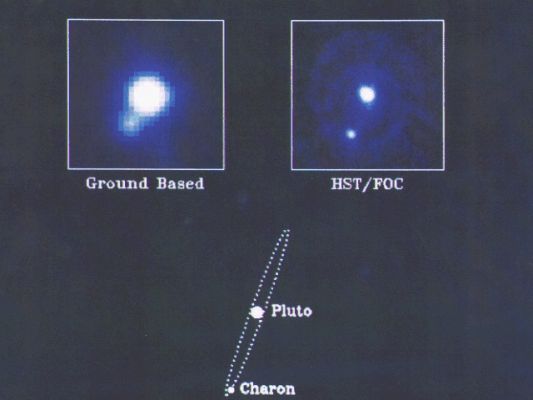 Pluto & Charon (Ground View + HST View)
A dire il vero, il rischio maggiore per New Horizons (più dei rischi di un viaggio di quasi 6 miliardi di Km) è che i fondi necessari al suo lancio non vengano raccolti in tempo per soddisfare la citata "finestra di lancio". Inoltre, ad essere onesti, siamo rimasti molto sorpresi dai tempi stimati per il raggiungimento di Giove (poco più di un anno) e quindi di Plutone. 
Nuovi sistemi di propulsione, finestra di lancio (ultra) ottimale - con possibilità di effettuare qualche "swing" attorno ad altri Pianeti durante il viaggio e dunque accelerare), nostro errore di valutazione o informazioni eccessivamente ottimistiche? 

Vedremo!...
Parole chiave: Pluto and Charon
