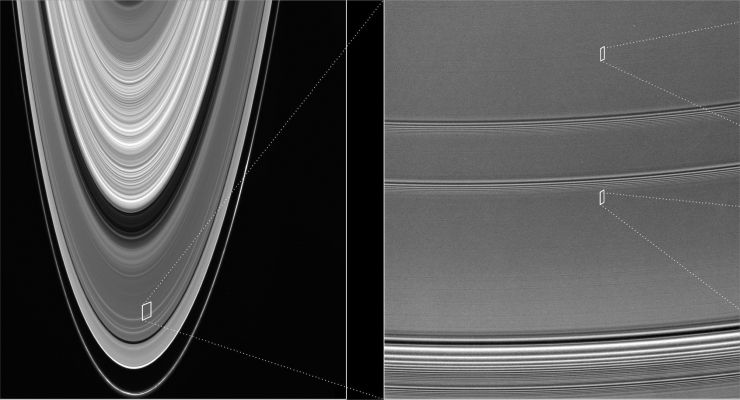 The "Propellers" of the Rings (1) - HR
This collection of 3 Cassini images provides context for understanding the location and scale of some "propeller-shaped features" observed within Saturn's A-Ring. 
Careful analysis of the HR images taken by Cassini's cameras as the spacecraft slipped into Saturn orbit revealed the 4 faint, propeller-shaped double-streaks in an otherwise bland part of the mid A-Ring. Imaging scientists believe the "propellers" provide the first direct observation of the dynamical effects of moonlets which are approx. 100 mt (such as about 300 feet) in diameter. 
The propeller moonlets represent a so far unseen size-class of particles orbiting within the Rings. 

The 2nd panel provides broad context within the Rings, and shows the B-Ring, the Cassini Division, the A-Ring and the F-Ring. Image scale in the radial, or outward from Saturn, direction is about 45 Km (about 28 miles) per pixel; because the Rings are viewed at an angle, the image scale in the longitudinal - or circumferential - direction is several times greater.
Parole chiave: Saturn's Rings - The Propellers
