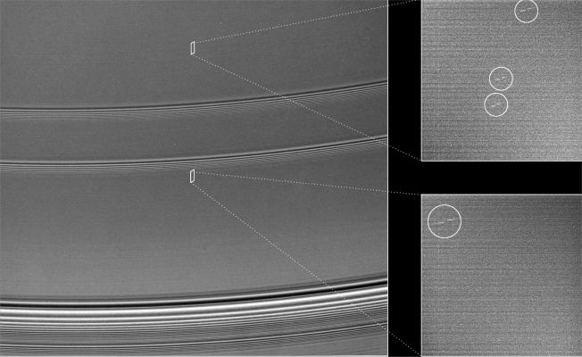 The "Propellers" of the Rings (2) - HR
This image is a closer view of the A-Ring, showing the radial locations where "Propeller Features" were spotted. The view is approx. 1.800 Km across (such as about 1.100 miles), from top to bottom, and includes a large density wave at the bottom (caused by the moons Janus and Epimetheus), as well as two smaller density waves. 
The footprints of the Propellers are between density waves, in bland, quiescent regions of the Ring. 

The Propellers appear as double dashes in the two close-up discovery images and they have been circled. The unseen moonlets, each roughly the size of a football field, lie in the center of each structure. These two images were taken during Saturn orbit insertion on July 1, 2004, and are presented here at one-half scale. Resolution in the original images was 52 mt (about 171 feet) per pixel. 
The horizontal lines in the image represent electronic noise and do not correspond to any actual Ring features.
Parole chiave: Saturn's Rings - The Propellers