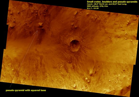 Unnamed Crater, Boulders and Pseudo-Pyramids
Most debris on crater walls slides straight downhill. In this HiRISE image we see examples of boulders that have bounced downhill, not necessarily vertically. 
A prominent example looks like a dotted line from the top of the crater wall where the boulder took off to the crater floor where it finally came to rest. 

Numerous boulders have slid partway down toward the crater floor, which is covered by sand dunes. This is actually a small crater (~1 Km wide) within an unnamed but much larger ~30 Km crater. 
Parole chiave: Mars from orbit - Controversial
