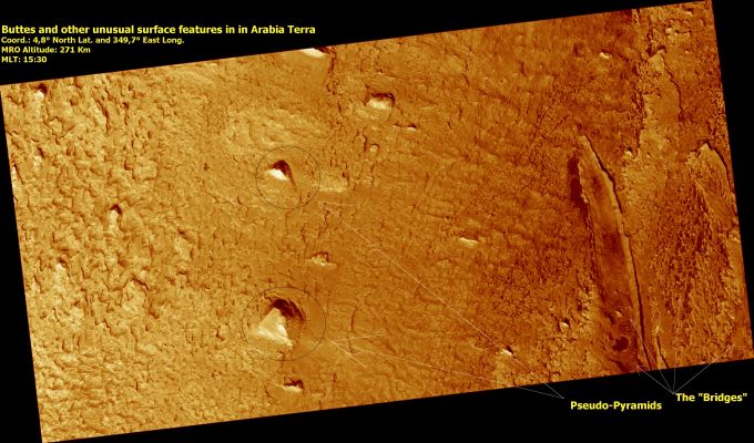 Pseudo-Pyramids and Rocky Bridges in Arabia Terra
Ancora una volta la Regione di Arabia Terra ci mostra dei rilievi straordinari e davvero difficili da commentare.
Per quanto attiene le Pseudo-Piramidi ("buttes" o "colline a ceppo", geologicamente parlando), dobbiamo dire che la maggiore - quella più in basso - mostra una pianta quadrata semi-regolare che fa "impallidire" la tanto pubblicizzata D&M Pyramid di Cydonia mentre la minore - poco più in alto - mostra una pianta triangolare davvero molto ben delineata per non far nascere nella mente degli Osservatori qualche idea di "artificialità". 
Lunar Explorer Italia ritiene che le Pseudo-Piramisi di Arabia Terra sìano bizzarre, ma assolutamente naturali; ci è sembrato comunque giusto evidenziarle poichè altri rilievi, situati in altre Regioni di Marte, i quali erano/sono MOLTO meno regolari ed intriganti di questi, sono stati segnalati come possibili "monumenti". Insomma: la geologia di Marte è così curiosa che, VOLENDO, i manufatti si possono davvero vedere ovunque.
Per quanto attiene i "Ponti", invece, riteniamo che dovrebbero essere compiute (da parte di chi ha i mezzi adeguati per poterlo fare) delle analisi molto accurate poichè questi rilievi, anch'essi - comunque - a nostro parere "naturali", potrebbero costituire delle sconcertanti evidenze oggettive di forme vitali indigene aventi una natura bio-magnetica (come sostiene il Dr Feltri). Che non si tratti di semplici dune (checchè ne dica la NASA) lo potete semplicemente constatare operando anche un minimo stretch del frame e quindi verificando la loro tendenza a "sovrapporsi", a "sollevarsi dal suolo" (alcuni "ponti", infatti, mostrano delle ombre al di sotto delle loro "campate"...) ed a posizionarsi, comunque, in maniera tale da consentirci di escludere nella maniera più categorica una loro eventuale origine eolica.

Per onor di cronaca, simili rilievi erano già stati individuati (in altre Regioni) in passato dal Dr J. Skipper il quale, tuttavia, propendeva per una loro natura "artificiale". 
Parole chiave: Mars from orbit - Extremely unusual surface features - Arabia Terra
