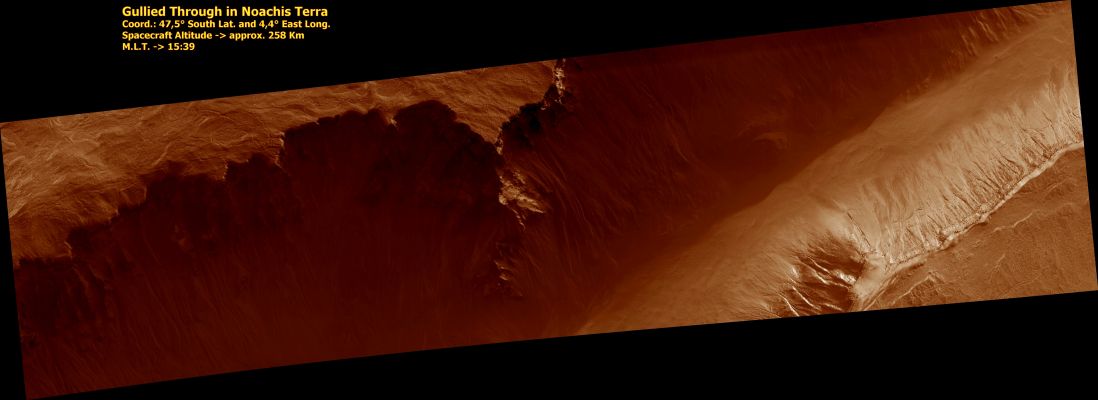 Gullied Trough in Noachis Terra(False Colors)
PSP_001691_1320 shows gullies in a semi-circular trough in Noachis Terra. The gullies are observed to face all directions.
It is interesting to note that the gully morphology seen here depends on the orientation of the gullies. The morphology differences are most pronounced on the sunlit slope, with the gullies facing South (Dx) being more deeply incised than those facing the West. It is unknown what caused the different gully morphologies, but there are several possibilities. 
Gullies are proposed to form at locations determined by the availability of a forming liquid (thought to be water) and/or the amount of insolation the slope receives, among other factors. It is possible that the deeper gullies experienced more erosional events or that their erosional events were more effective for undetermined reasons. It is also possible that the gullies formed at different times such that they did not have the same amount of water — either for an individual flow or total — available to them. 
Also, the underlying topography could make the gullies appear relatively more incised without this actually being the case.

Parole chiave: Mars from orbit - Trough with gullies