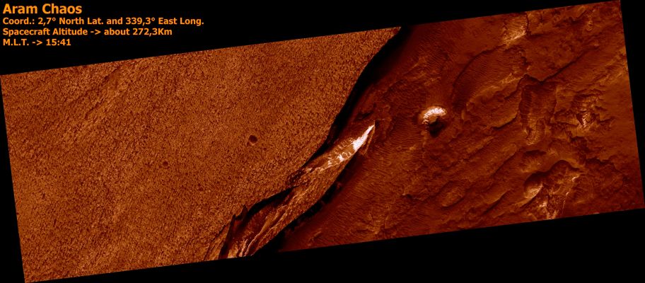 Aram Chaos' Sediments (False Colors)
Aram Chaos appears to be a former impact crater. The terrain is disrupted, giving it a chaotic appearance (hence the name "chaos"). Scientists have postulated that a lake may have once existed inside the crater and sediments were laid down within the lake. 
The mineral Hematite (rich in Iron) has been detected by orbiting spacecraft within Aram Chaos. Hematite has been identified in several other locations on Mars, including at the MER Landing Site in Meridiani Planum. The Hematite at both Meridiani and Aram Chaos most likely formed by precipitation in water. 
This HiRISE image shows the light-toned sediments inside Aram Chaos that could have formed in a former lake. Unfortunately, dark debris now obscures much of this sediment, making it difficult to view and interpret the rocks. The light-toned layered deposit in the south (Dx) of the image is higher standing and has a pitted surface.

Circular structures with dark centers are likely to be impact craters that have been partly filled with dark debris, including sand. More irregular depressions appear to result from erosion of layered beds within the sediments. Wind could erode materials that are slightly weaker more quickly and produce the irregular topography seen along the surface of the deposit. 

Parole chiave: Mars from orbit - Aram Chaos