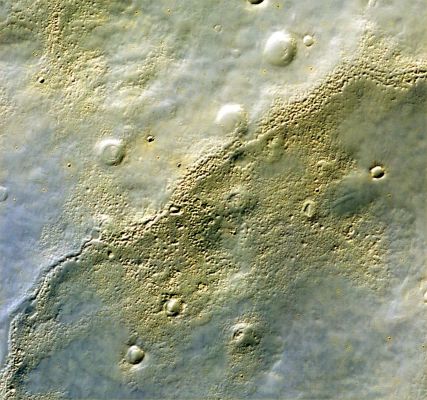 Bosporus Planum - detail mgnf (2)
Caption originale NASA, riferita al full-frame:"Large-scale streaks in the northern half are due to the action of wind on surface materials. The blankets of material ejected from the many small fresh craters are generally brighter and redder than the surrounding surface, but a few are darker and less red. Two greenish spots in the middle right of the scene may have an unusual composition, and are good future targets for the Compact Reconnaissance Imaging Spectrometer for Mars, a mineral-identifying instrument on MRO (http://crism.jhuapl.edu/). In the bottom half of the image we see a redder color in the rough areas, where wind and sublimation of water or carbon dioxide ice have partially eroded patches of smooth-textured deposits".
Parole chiave: Mars from orbit - Bosporos Planum