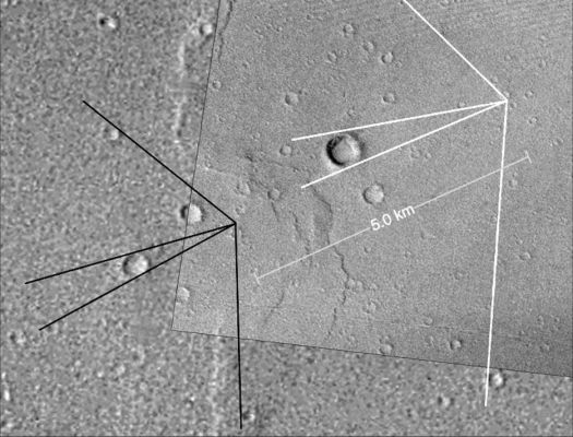 Viking One: the Landing Site, 30 years after the landing... (1)
Caption NASA originale:"Viking 1 landed 30 years ago, on July 20, 1976. It was the first U.S. landing on Mars and a very exciting time for Mars Exploration. Since that time, 4 additional Spacecrafts have successfully landed on Mars and conducted their science investigations. Today, new missions to the Martian Surface are in the works, with landings expected in 2008 (Phoenix) and 2010 (Mars Science Laboratory). 

The Viking 1 Lander is difficult to see in MGS-MOC images. The Western Chryse Planitia Landing Site is often obscured by dust hazes and occasional storms, especially during Northern Winter, which would otherwise be the best time to look for the Lander from orbit because the Sun casts longer shadows in Winter. 
When the atmosphere is clearest, in portions of the Spring and Summer, the Sun is higher in the sky as seen from MGS's orbit. The spacecraft always passes over the Landing Site Region around 2 p.m. in the afternoon".
Parole chiave: Mars from orbit - Landing Sites - Viking One