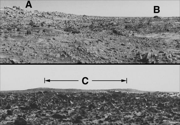 Viking One: the Landing Site, 30 years after the landing... (2)
Caption NASA originale:"The suite of pictures shown here describes the best MOC view of the Landing Site. These were previously released in May 2005, but the MOC team felt that 20 July 2006 is an appropriate time to review this story. 

The 1st figure (1) visually tells how the Lander was found. The initial observations of the location of Viking 1, as originally determined by members of the Viking science team based on sightlines to various crater rims seen in the Lander images (black lines), did not show the detailed features we knew from the Lander pictures (2) to be in the area. 
Using geodetic measurements, the late Merton Davies of the RAND Corporation, a MGS-MOC Co-Investigator, suggested that we should image areas to the East and North of where Viking 1 was thought to be. Timothy J. Parker of the JPL (Pasadena, California), using sightlines to crater rims seen in the Lander images (white lines), deduced a location very close to that suggested by Davies".
Parole chiave: Martian Surface - Viking One