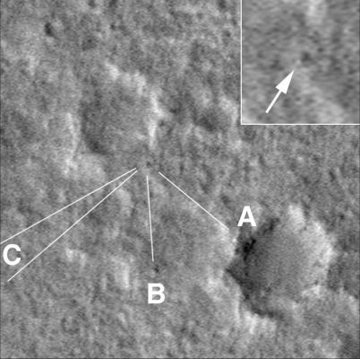 Viking One: the Landing Site, 30 years after the landing... (3)
Caption NASA originale:"The MOC image of that location, acquired in 2003, showed additional near-field features (rocks associated with a nearby crater) that closely matched the Viking 1 images (frames 2 and 3, where "B" denotes "Volkswagen Rock"). The inset (upper right of frame 3) is an enlargement that shows the location of the Viking 1 Lander. 

The MOC image of the Viking 1 Lander Site (3) was acquired during a test of the MGS Pitch and Roll Observation (PROTO) technique conducted on May 11, 2003. (Following initial tests, the "c" part of "cPROTO" was begun by adding compensation for the motion of the Planet to the technique). The PROTO or cPROTO approach allows MOC to obtain images with better than its nominal 1,5 mt (5 ft) per pixel resolution. 
The image shown here (3) was map projected at 50 cm (~20") per pixel. The full 11 May 2003 image can be viewed in the MOC Gallery, it is image R05-00966. 

In addition to celebrating the 30th anniversary of the first U.S. robotic Mars landing, we note that 20 July is also the 37th anniversary of the first human landing on the Moon, on 20 July 1969. There are two dates that are most sacred in the space business (three, if you count the 4 October 1957 launch of Sputnik 1). The other date is 12 April, which celebrates the 1961 launch of the first human in space, and the 1981 launch of the first space shuttle orbiter".
Parole chiave: Mars from orbit - Landing Sites - Viking One