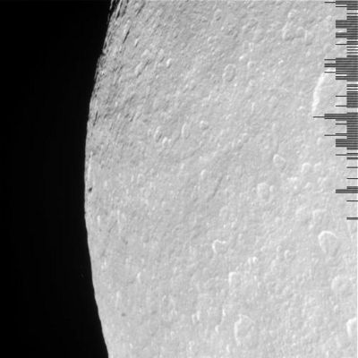 The limb of Rhea
N00043370.jpg was taken on November 26, 2005 and received on Earth November 27, 2005. The camera was pointing toward Rhea that, at the time, was approximately 71.771 Km away.
The image was taken using the CL1 and IR3 filters.
Parole chiave: Saturn's Moons - Rhea