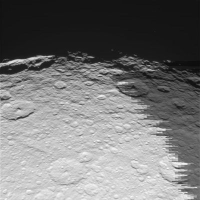 Features on the Terminator
N00043407.jpg was taken on November 26, 2005 and received on Earth November 27, 2005. The camera was pointing toward Rhea that, at the time, was approximately 62.859 Km away.
The image was taken using the CL1 and CL2 filters.
Parole chiave: Saturn's Moons - Rhea