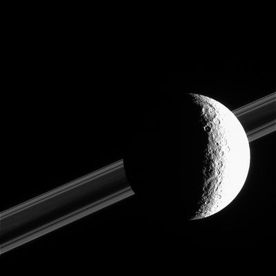 Rhea and the Rings
Caption NASA originale:"Saturn's brightly sunlit moon Rhea commands the foreground in this image from Cassini; the Gas Giant Planet's Rings are discernible in the background. The spacecraft was just above the Ringplane when it acquired this image, and thus captured the darkened appearance of the dense B-Ring when viewed with sunlight filtered through the Rings. From this perspective, bright areas in the Rings are regions of low density, containing very small particles that effectively scatter light toward Cassini. 
North on Rhea is up and rotated about 25° to the left. This view shows principally the anti-Saturn hemisphere on Rhea. It is very clear that the right side of Rhea is highly overexposed. 
The image was taken in visible light with the Cassini spacecraft narrow-angle camera on Feb. 18, 2005, at a distance of approx. 540.000 Km (such as approx 340.000 miles) from Rhea and at a Sun-Rhea-spacecraft, or phase, angle of 110°. The image scale is 3 Km (2 miles) per pixel".
Parole chiave: Saturn's Moons - Rhea