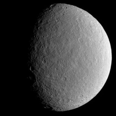 Rhea
Original caption:"Scarred and battered Rhea fills the Cassini spacecraft's view. Notable here is the sharp relief of steep crater walls near the terminator. 
Icy Rhea (1.528 Km --> 949 miles across) is Saturn's second-largest moon. This view shows terrain on Rhea's Trailing Hemisphere. North is up and rotated 22° to the left. 
The image was taken in visible light with the Cassini spacecraft narrow-angle camera on Dec. 24, 2005 at a distance of approximately 267.000 Km (such as 166.000 miles) from Rhea and at a Sun-Rhea-spacecraft, or phase, angle of 59°. Image scale is 2 Km per pixel".
Parole chiave: Saturn's Moons - Rhea