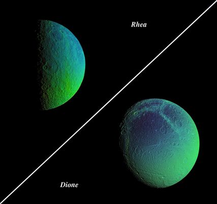 Rhea and Dione (false colors)
Original caption:"Saturn's cratered, icy moons, Rhea and Dione, come alive with vibrant color that reveals new information about their surface properties. To create these false-color views, ultraviolet, green and infrared images were combined into a single black and white picture that isolates and maps regional color differences. This "color map" was then superimposed over a clear-filter image of each moon. The combination of color map and brightness image shows how the colors vary across the moon's surface in relation to geologic features. The origin of the color differences is not yet understood, but may be caused by subtle differences in the surface composition or the sizes of grains making up the icy soil. (...) The images have not been scaled to show the moons' proper relative sizes".
Parole chiave: Saturn's Moons - Rhea and Dione