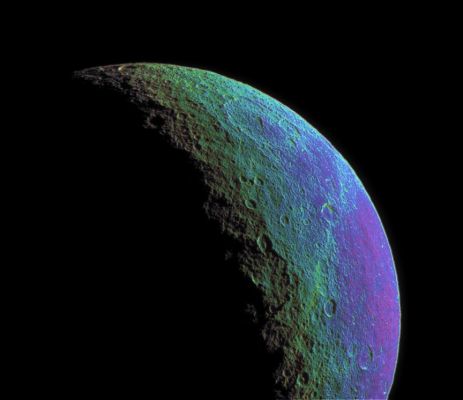 The incoherent surface of Rhea
This intense false-color view highlights and enhances color variations across the cratered and cracked surface of Saturn's moon Rhea. 
To create the false-color view, ultraviolet, green and infrared images were combined into a single black and white picture that isolates and maps regional color differences. This "color map" was then superposed over a clear-filter image. The origin of the color differences is not yet understood, but it may be caused by subtle differences in the surface composition or grain sizes making up the icy soil. 
This view shows terrain on the trailing hemisphere of Rhea. North is up. 

The images were taken using the Cassini spacecraft narrow-angle camera on Jan. 18, 2006, at a distance of approx. 268.000 Km (about 166.000 miles) from Rhea and at a Sun-Rhea-spacecraft, or phase, angle of 115°. Image scale is about 2 Km (roughly 1,2 miles) per pixel.
Parole chiave: Saturn's Moons - Rhea