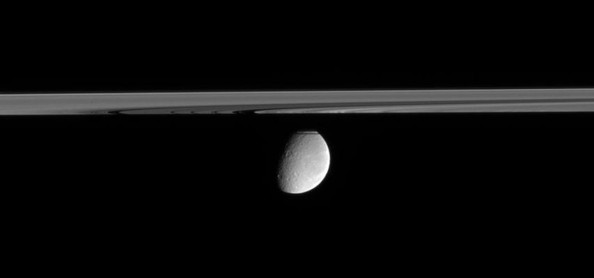 Rhea and the Rings
Crater-scarred Rhea floats in the distance, peeking out from behind Saturn's partly shadowed Rings. This view looks upward from just beneath the Ring-Plane. The far side of the Rings is masked by Saturn's shadow. 
The North Pole of Rhea is obscured by part of the A-ring and the sharply defined F-Ring. 
A few bright wispy markings curl around the eastern limb of Rhea.

The image was taken in visible light with the Cassini spacecraft narrow-angle camera on Feb. 22, 2006, at a distance of approx. 2,2 MKM (about 1,4 MMs) from Rhea. The image scale is about 13 Km (roughly 8 miles) per pixel on Rhea.
Parole chiave: Saturn's Moons - Rhea