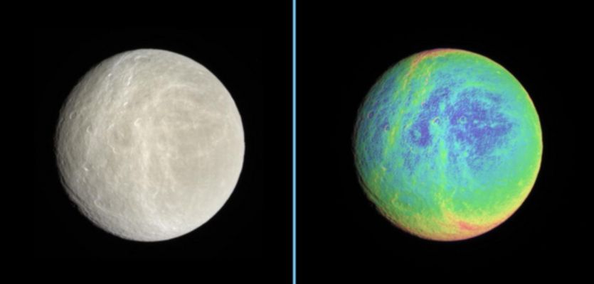 Rhea (natural & false colors)
Side-by-side natural color and false-color views highlight the wispy terrain on Rhea's Trailing Hemisphere. The extreme false color image makes it clear that the wisps - likely networks of fractures as on Dione - cut across older, cratered terrain. 
In addition, a set of thin, North-South trending lineaments (also likely fractures) is visible on the left side of both views. 
The natural color view was created by compositing images taken using red, green and blue spectral filters. 
To create the false-color view, ultraviolet, green and infrared images were combined into a single picture that isolates and maps regional color differences. This "color map" was then superimposed over a clear-filter image that preserves the relative brightness across the body. 
The combination of color map and brightness image shows how colors vary across the surface of Rhea. The origin of the color differences is not yet understood, but may be caused by subtle differences in the surface composition or the sizes of grains making up the icy surface material. North on Rhea (1,528 kilometers, or 949 miles across) is up. 

The images were taken with the Cassini spacecraft narrow-angle camera on Jan. 17, 2007 at a distance of approximately 597,000 kilometers (371,000 miles) from Rhea. Image scale is 4 kilometers (2 miles) per pixel. 

Parole chiave: Saturn's Moons - Rhea