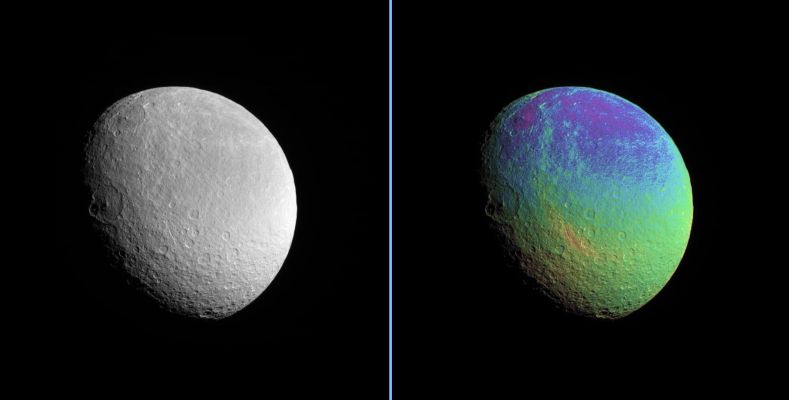 Drawing Out Details on Rhea
Rhea displays a marked color contrast from North to South that is particularly easy to see in the extreme color-enhanced Cassini spacecraft view presented here. 
A clear filter image is also presented (left) alongside the color composite (right). 
To create the false-color view, ultraviolet, green and infrared images were combined into a single picture that isolates and maps regional color differences. 
This "color map" was then superimposed over a clear-filter image that preserves the relative brightness across the body. 

The combination of color map and brightness image shows how colors vary across the surface of Rhea. The origin of the color differences is not yet understood, but may be caused by subtle differences in the surface composition or the sizes of grains making up the icy surface material. 
This view looks toward the Trailing Hemisphere on Rhea. The view shows southerly latitudes on Rhea, down to the South Pole. North is up and rotated 17° to the right. 

The image was taken in visible light with the Cassini spacecraft narrow-angle camera on Jan. 17, 2007 at a distance of approx. 457.000 Km (about 284.000 miles) from Rhea. 
Image scale is roughly 3 Km (a little less than 2 miles) per pixel. 


Parole chiave: Saturn's Moons - Rhea