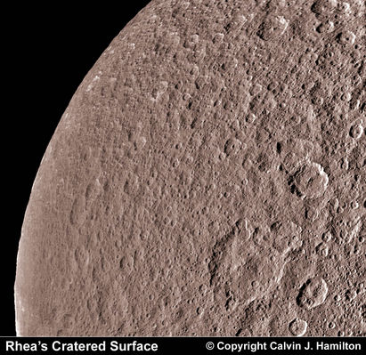 Rhea
The icy, cratered surface of Saturn's moon Rhea is seen in this HR image taken by Voyager 1 on November 11, 1980, from a distance of about 85.000 Km (such as approx. 52.800 miles) as the spacecraft passed over the Satellite's North Pole. The heavily cratered surface attests to the Satellite's ancient age. The largest craters, 50 to 100 Km across and several Km deep, are freshly preserved in Rhea's icy crust. The craters and landscape resemble those on the Moon and Mercury and are unlike the flattened crater forms that have collapsed in the soft icy crusts of the Jovian moons Callisto, Ganymede and Europa. 
Scientists believe that Rhea (which is just 1600 Km - about 995 miles - in diameter, compared to the 5.500 Km of diameter of Ganymede) froze and became rigid, behaving like a rocky surface, very early in its history.
Parole chiave: Saturn's Moons - Rhea