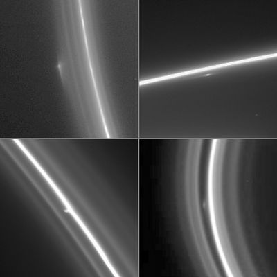 Can the "clumps" in the Rings be the TSP (Transient Saturnian Phoenomena)?
"Scientists have long suspected that small moons hiding among Saturn's Rings strands might be producing some of the unusual structure observed in the F-Ring. While the shepherd moon Prometheus is the main culprit behind the strange behavior of Saturn's F-Ring, it cannot explain all observed features. The current dilemma facing scientists is that Cassini is detecting extended objects like those pictured here - that may be either solid moons or just loose clumps of particles within the Ring. This montage of 4 enhanced Cassini narrow-angle camera images shows bright clump-like features at different locations within the F-Ring. 
Two objects in particular, provisionally named S/2004 S3 and S/2004 S6, have been repeatedly observed by Cassini over the past 13,5 months and 8,5 months, respectively. The orbits for these 2 objects have not yet been precisely determined, in part because perturbations from other nearby moons make the orbits of objects in this region complicated. Thus, scientists cannot be completely confident at the present time if they in fact have observed new sightings of S3 and S6, or additional transient clumps. 

The upper two images show features that may be S6. From previous observations, S6 appears to have an orbit that crosses that of the main F ring. This unexpected behavior currently is a subject of great interest to ring scientists. 

The upper left image was taken on June 21, 2005, and shows an object in the outer ringlets of the F ring. The radial (or lengthwise) extent of the feature is approximately 2,000 kilometers (1,200 miles). The radial resolution on the ring is about 13 kilometers (8 miles) per pixel. 

The image at the upper right was taken on June 29, 2005, and shows a bright feature within the F ring's inner ringlets. The radial extent of the feature seen here is about 2,000 kilometers (1,200 miles); the radial resolution is 36 kilometers (22 miles). 

The image at the lower left was taken on August 2, 2005, and shows a feature that may be S3. S3 has been found to have an orbital path that is tightly aligned with that of the main F ring. The radial resolution in the image is 3.5 kilometers (2.2 miles) per pixel. 

The lower right image was taken on April 13, 2005, and has a radial resolution of 7 kilometers (4 miles) per pixel. This object does not appear to be either S3 or S6. 

Structures like knots and clumps within the F ring often are transient, appearing and then disappearing within months. Repeated observation of the objects seen in this region hopefully will give scientists firm evidence about whether these features are actual moons that disturb the material around them or perhaps the short-lived products of interactions between the F ring and larger moons such as Prometheus. 


Parole chiave: Saturn's Rings - The F-Ring - Controversial Image