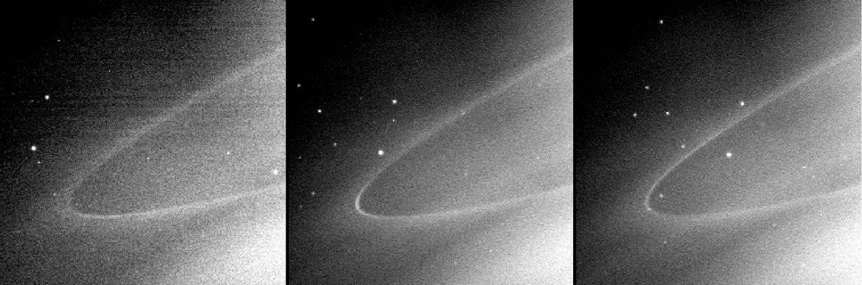 Arcs in the G-Ring
Original NASA caption:"This sequence of images shows a faint arc of material in Saturn's G-Ring, a tenuous ring outside the main Ring System. These images were each taken about 45' apart. During this time, the arc (slightly brighter than the Ring itself) moves around the outer edge of the Ring. The arc is visible on the lower part of the Ring in the first image, just beneath the ansa (or outer edge). In the second image the arc is easily seen on the outer edge and then faintly just above the outer edge in the third image. 
What makes this part of the G-Ring brighter than other parts is not clear. However, the existence of this arc might hold clues about how this ring was formed and where the material which makes up this ring comes from. These 3 images were taken in polarized near-infrared light using the Cassini spacecraft narrow-angle camera on May 24, 2005, at a distance of approx. 1,7 MKM (about 1,1 MMs) from Saturn. Resolution in the original images was about 97 Km per pixel".
Parole chiave: Saturn's Rings - The G-Ring