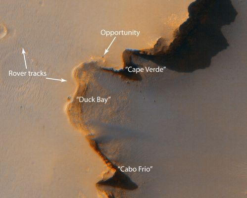 Cape Verde and Cabo Frio (1)
This image from the High Resolution Imaging Science Experiment on NASA's Mars Reconnaissance Orbiter shows the Mars Exploration Rover Opportunity near the rim of "Victoria Crater." Victoria is an impact crater about 800 meters (half a mile) in diameter at Meridiani Planum near the equator of Mars. Opportunity has been operating on Mars since January, 2004. Five days before this image was taken, Opportunity arrived at the rim of Victoria, after a drive of more than 9 kilometers (over 5 miles). It then drove to the position where it is seen in this image. 

Shown in the image are "Duck Bay," the eroded segment of the crater rim where Opportunity first arrived at the crater; "Cabo Frio," a sharp promontory to the south of Duck Bay; and "Cape Verde," another promontory to the north. When viewed at the highest resolution, this image shows the rover itself, wheel tracks in the soil behind it, and the rover's shadow, including the shadow of the camera mast. After this image was taken, Opportunity moved to the very tip of Cape Verde to perform more imaging of the interior of the crater. 

This view is a portion of an image taken by the High Resolution Imaging Science Experiment (HiRISE) camera onboard the Mars Reconnaissance Orbiter spacecraft on Oct. 3, 2006. The complete image is centered at minus7.8 degrees latitude, 279.5 degrees East longitude. The range to the target site was 297 kilometers (185.6 miles). At this distance the image scale is 29.7 centimeters (12 inches) per pixel (with 1 x 1 binning) so objects about 89 centimeters (35 inches) across are resolved. North is up. The image was taken at a local Mars time of 3:30 PM and the scene is illuminated from the west with a solar incidence angle of 59.7 degrees, thus the sun was about 30.3 degrees above the horizon. At a solar longitude of 113.6 degrees, the season on Mars is northern summer. 

Images from the High Resolution Imaging Science Experiment and additional information about the Mars Reconnaissance Orbiter are available online at: http://www.nasa.gov/mro or http://HiRISE.lpl.arizona.edu.

Parole chiave: Mars from orbit - Victoria Crater - Cape Verde