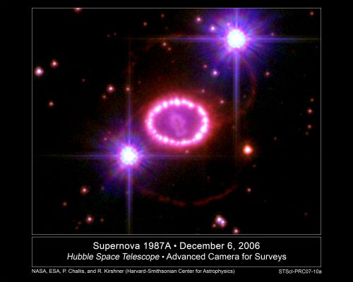 Supernova 1987A
Twenty years ago, astronomers witnessed one of the brightest stellar explosions in more than 400 years. The titanic supernova, called SN 1987A, blazed with the power of 100 million suns for several months following its discovery on Feb. 23, 1987.

Observations of SN 1987A, made over the past 20 years by NASA's Hubble Space Telescope and many other major ground- and space-based telescopes, have significantly changed astronomers' views of how massive stars end their lives. Astronomers credit Hubble's sharp vision with yielding important clues about the massive star's demise.

"The sharp pictures from the Hubble telescope help us ask and answer new questions about Supernova 1987A," said Robert Kirshner, of the Harvard-Smithsonian Center for Astrophysics in Cambridge, Mass. "In fact, without Hubble we wouldn't even know what to ask."

Kirshner is the lead investigator of an international collaboration to study the doomed star. Studying supernovae like SN 1987A is important because the exploding stars create elements, such as carbon and iron, that make up new stars, galaxies, and even humans. The iron in a person's blood, for example, was manufactured in supernova explosions. SN 1987A ejected 20,000 Earth masses of radioactive iron. The core of the shredded star is now glowing because of radioactive titanium that was cooked up in the explosion.

The star is 163,000 light-years away in the Large Magellanic Cloud. It actually blew up about 161,000 B.C., but its light arrived here in 1987.

Kirshner has used the Hubble telescope to monitor the supernova. "The Hubble observations have helped us rewrite the textbooks on exploding stars. We found that the actual world is more complicated and interesting than anyone dared to imagine. There are mysterious triple rings of glowing gas and powerful blasts sent out from the explosion that are just having an impact now, 20 years later."

Before SN 1987A, astronomers had a "simplified, idealized model of a supernova," Kirshner explained. "We thought the explosions were spherical and we didn't think much about the gas a star would exhale in the thousands of years before it exploded. The actual shreds of the star in SN 1987A are elongated — more like a jellybean than a gumball, and the fastest-moving debris is slamming into the gas that was already out there from previous millennia. Who would have guessed?"

Hubble wasn't even around when astronomers first spotted the supernova in 1987. When Hubble was launched three years later, astronomers didn't waste any time in using the telescope to study the stellar blast. Its first peek was in 1990, the year the observatory launched. Since then, the telescope has taken hundreds of pictures of the doomed star.

The Hubble studies have revealed the following details about the supernova:

*A glowing ring, about a light-year in diameter, around the supernova. The ring was there at least 20,000 years before the star exploded. X-rays from the explosion energized the gas in the ring, making it glow for two decades.

*Two outer loops of glowing gas, which had been imaged by ground-based telescopes, were seen more clearly by Hubble.

*A dumbbell-shaped central structure that has now grown to one-tenth of a light-year long. The structure consists of two blobs of debris in the center of the supernova racing away from each other at roughly 20 million miles an hour.

*The onrushing stellar shock wave from the stellar explosion is slamming into, heating up, and illuminating the inner regions of the narrow ring surrounding the doomed star.

Hubble continues to watch as the blast debris moves through the ring. The light show makes the glowing ring look like a pearl necklace. Astronomers think the whole ring will be illuminated in a few years.

The glowing ring is expected to become bright enough to illuminate the star's surroundings, which will provide astronomers with new information on how the star ejected material before the explosion.

Astronomers are analyzing images by NASA's Spitzer Space Telescope to try to understand the fate of the dust that surrounds the exploded star and in the neighborhood around the blast.

"We will learn more in the future when the shock wave moves through the inner ring and slams into the outer rings and illuminates them," Kirshner said. "It could lead to clues about the last 20,000 years of the star. But there are many things that are still a mystery. We still do not understand the evolution of the star before the explosion or how the three rings formed. We also think that the star may be part of a binary system."

Astronomers also are still looking for evidence of a black hole or a neutron star left behind by the blast. The fiery death of massive stars usually creates these energetic objects. Most astronomers think a neutron star formed 20 years ago. Kirshner said the object could be obscured by dust or it could have become a black hole.

He plans to use the infrared capabilities of the Wide Field Camera 3 — an instrument scheduled to be installed during the upcoming Hubble servicing mission — to hunt for a stellar remnant. Scientists will use another instrument planned for installment during the mission, the Cosmic Origins Spectrograph, to analyze the supernova's chemical composition and velocities.

The James Webb Space Telescope, scheduled for launch in 2013, will be able to see infrared light from the ring that is 10 times fainter than what astronomers see today. The debris inside the ring will begin to brighten, and astronomers will get another chance to study the interior of an exploded star.

Parole chiave: From Space Images - Hubble Images