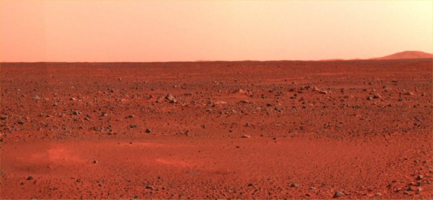 Red Planet - Sol 2 (Enhanced Natural Colors; credits: NASA/JPL)
Caption NASA:"This image mosaic taken by the Mars Exploration Rover Spirit's PanCam shows a new slice of martian real estate South/West of the Rover's Landing Site. The landscape shows little variation in local topography, though a narrow peak only 7 to 8 Km away is visible on the horizon. A circular depression, similar to the one dubbed Sleepy Hollow, can be seen in the foreground. Compared to the Viking and Pathfinder Landing Sites, the  terrain at Gusev Crater, Spirit's Landing Site, is flat and speckled with a sparse array of rocks". 

Parole chiave: Mars Panorama