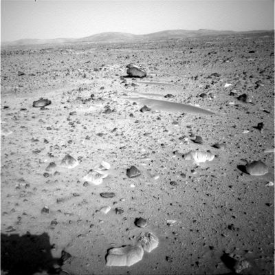 The "Sitting Eagle" - Sol 43
Il boulder (---> macigno) che si vede ad una ventina di metri dal Rover ha una forma davvero bizzarra e, da questo punto di vista, ci ricorda un grosso rapace accovacciato. Noi lo abbiamo quindi battezzato "Sitting Eagle", ma se a Voi non piacesse...Potete cambiarlo: non ci sono diritti di esclusiva e copyright sulle rocce di Marte!
Per ora...
Parole chiave: Mars rocks, sand and debris