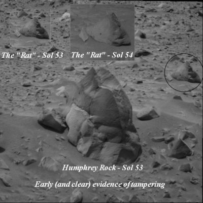 Talking about digital manipulation: The "Rat" of Stone - Sol 53-54
Il fotomosaico che abbiamo predisposto parla da solo: certo, forse si tratta davvero di un'illusione ottica ed il "Topo Marziano" è solo un rilievo bizzarro, esaltato da un altrettanto bizzarro (ed ingannevole) gioco di luci e di filtri/colore (la nostra conclusione iniziale), ma quando i frames vengono allineati e guardati contemporaneamente...Le cose sembrano cambiare.

Il Dr Feltri dice giustamente: "...non guardate (solo) le rocce "strane" (o pseudo-rocce): guardate le similitudini, le ripetitività e le distorsioni che la NASA stessa - stolidamente - apporta (per errore?), in diversi frames, ai medesimi rilievi...".

Il metodo suggerito dal Dr Feltri è giusto e questo è un caso davvero eclatante di "distorsione" (attuata nel tempo) del medesimo rilievo.
E allora: si tratta di errore umano, di illusione derivante dal cambio di filtri/colore o di malafede?

Ai posteri l'ardua sentenza...
Parole chiave: Mars rocks, sand and debris - Highly Controversial