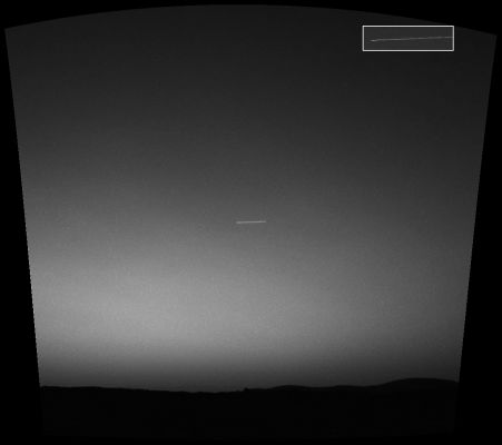 Falling Angel (1) - Sol 67
Caption NASA originale:"Observing the sky with the green filter of its PanCam, the Mars Exploration Rover Spirit came across a surprise: a streak across the sky. 
The streak, seen in the middle of this mosaic of images taken by the NavCam and the PanCam, was probably the brightest object in the sky at the time. Scientists theorize that the mystery line could be either a meteorite or one of seven out-of-commission spacecraft still orbiting Mars. 
Because the object appeared to move 4° of an arc in 15 seconds it is probably not the Russian probes Mars 2, Mars 3, Mars 5 or Phobos 2; or the American probes Mariner 9 or Viking 1".
Parole chiave: Highly Controversial Image