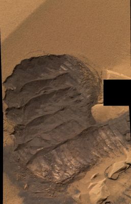 A "deep hole" in the sand-drift! - Sol 72 (Natural Colors; credits: NASA/JPL-Caltech)
In questa immagine - che abbiamo sottoposto anche all'esame del Dr Feltri - ci sono molti dettagli che non quadrano e sui quali, forse, ritorneremo a parlare in futuro con una "Investigazione" ad hoc. 
Il particolare su cui vorremmo attrarre la Vostra attenzione adesso, tuttavia, non richiede particolari strumenti per essere colto in tutta la sua...intrigante stranezza! E' davvero semplice da vedere e da valutare: osservate il lato alla Vostra Dx del frame, circa a mezza altezza. Una porzione dell'immagine è "coperta" da un rettangolo nero che, di regola, significa, "dati non trasmessi o non totalmente ricevuti". Adesso guardate attentamente il colore della superficie Marziana che si trova accanto al lato corto del "rettangolo nero" e proprio a ridosso del lato Sn della buca : l'area in questione sembra essere di un colore diverso (molto più chiaro) rispetto a tutto il resto del frame. Noi vediamo un color verde che sembra emergere dalla sabbia. 
Photoartifact, difetto, errore di processo o cover-up?...
Parole chiave: Mars rocks, sand and debris - Controversial image