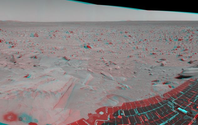 The surroundings of Bonneville Crater (3D) - Sol 82
Caption NASA originale:"This 3-D cylindrical-perspective mosaic taken by the NavCam on the MER Spirit on Sol 82 shows the view south of the Bonneville Crater. The Rover will travel toward the Columbia Hills, seen here at the upper left. The rock dubbed Mazatzal and the hole the Rover drilled in to it can be seen at the lower left. 
The Rover's position is referred to as "Site 22, Position 32". 
This image was geometrically corrected to make the horizon appear flat".
Parole chiave: Mars Panorama