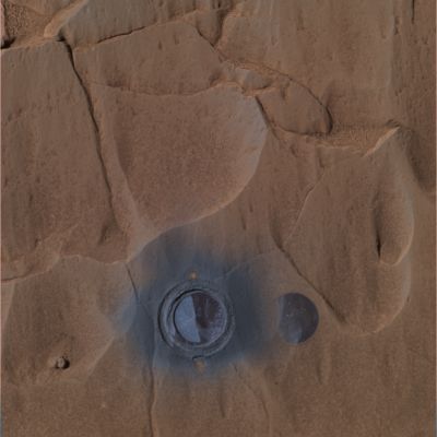 Mazatzal: after the grinding - Close-up in approximate true colors - Sol 82
Caption NASA originale:"This picture shows Mazatzal after the Rover drilled 3,8 mm (0,15 inches) into the target dubbed New York, on Sol 82. The dark grey coating seen after brushing remains on the right side of the hole, while the left side is the underlying basaltic rock. 
This approximate true-color image was created using the PanCam's red, green and blue filters".
Parole chiave: Mars rocks, sand and debris - Controversial image