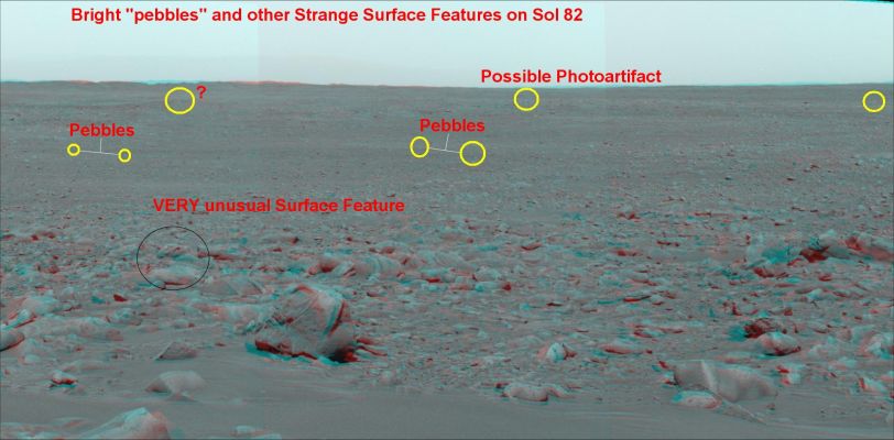 More unusual Surface Features around Spirit - Sol 82
Sempre dal bravissimo Dr Gianluigi Barca, un "vecchio" panorama che ci mostra una serie di curiosi rilievi superficiali e le solite "scintille" sparse sul suolo che noi, forse a ragione e forse erroneamente (il Futuro sarà il nostro Giudice), spesso attribuiamo a riflessi del Sole su rocce cristalline di modeste dimensioni.
Certo, potrebbe trattarsi anche di altro, ma...Che cosa?!?
Parole chiave: Martian Panorama - 3D