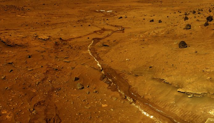 Rover Tracks
Caption NASA originale:"This is a portion of an image, called the "McMurdo Panorama", taken by the PanC on the Spirit Rover during its winter campaign. The view is looking toward the East, at "Tyrone", the light-toned soils exposed by the Rover's wheels. The Tyrone area proved difficult for Spirit to get through, so the Rover was commanded to traverse to "Low Ridge", the site of the winter campaign. Note the light-toned material in the wheel tracks generated as the Rover drove to the site. Several rock and soil targets are shown that were investigated with instruments on the Rover's Robotic Arm. 

The McMurdo Panorama PIA01907 was acquired over several months while Spirit was on "Low Ridge". It required all of the camera's geology filters and covered 360° in azimuth".
Parole chiave: Martian Soil - natural (but enhanced) colors