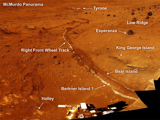 A fragment of the Mc Murdo Panorama (natural but slightly enhanced colors)
Caption NASA originale:"This is a portion of an image, called the Mc Murdo Panorama, taken by the PanCam on the Spirit Rover during its winter campaign. The view is looking toward the East, at "Tyrone", the light-toned soils exposed by the Rover's wheels. The Tyrone area proved difficult for Spirit to get through, so the Rover was commanded to traverse to "Low Ridge", the site of the winter campaign. Note the light-toned material in the wheel tracks generated as the rover drove to the site. Several rock and soil targets are shown that were investigated with instruments on the Rover's Robotic Arm (RA). 

The McMurdo Panorama PIA01907 was acquired over several months while Spirit was on "Low Ridge". It required all of the camera's geology filters and covered 360° in azimuth".
Parole chiave: Martian Panorama - possible natural colors