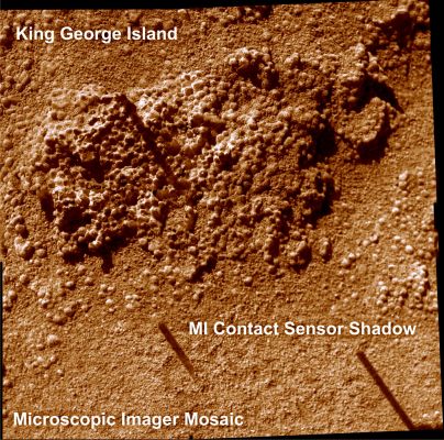 The "granules" of King George Island
Caption NASA originale:"This mosaic was made from frames acquired by the MI - Microscopic Imager on NASA's MER Spirit during Spirit's 1031st Martian Day, or Sol, on the Red Planet (such as Nov. 27, 2006). It shows a rock target called "King George Island" after the target was brushed by the Rover's RAT - Rock Abrasion Tool. 
The mosaic covers approx. 6 cm (2,4") across and shows the granular nature of the rock exposure. The grains are typically about 1 mm (0,04") wide. 
Data from the Rover's Mössbauer Spectrometer provides evidence that they have an enhanced amount of the mineral Hematite relative to surrounding soils".
Parole chiave: Microscopic Imager - Martian Reef - Controversial