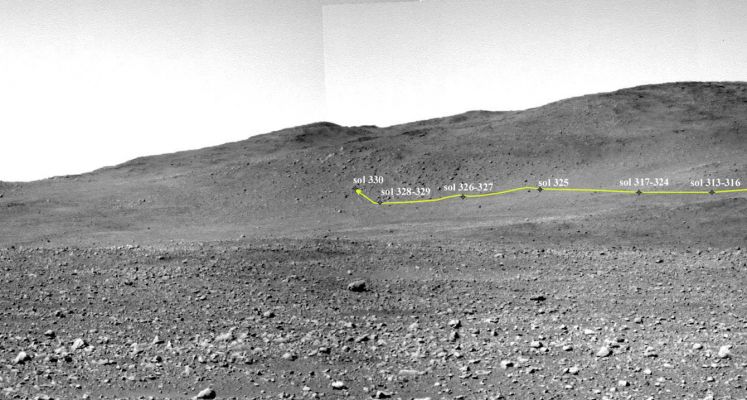 Spirit's ascent on to "Husband Hill" (edited) - Sol 149
Caption NASA originale:"This view from where Spirit stood on its 149th martian day (June 3, 2004) shows, on the hillside at the center of the image, the terrain that the Rover is crossing six months later. The view is a mosaic of several frames taken with Spirit's panoramic camera. 
NASA's Mars Exploration Rover Spirit has left the West Spur of the Columbia Hills and crossed a flatter saddle to the main body of Husband Hill. The Rover's course from the 313th to 330th Sol, of its mission (Nov. 19 to Dec. 6, 2004) is indicated on a mosaic view made from images taken with Spirit's panoramic camera on Sol 149 (June 3, 2004)".
Parole chiave: Mars Panorama