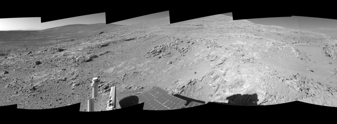 West Spur: 360� panorama on Sol 305 (1)
Caption NASA originale:"Spirit was climbing the "West Spur" of the "Columbia Hills." The Rover had just finished inspecting a rock called "Lutefisk" and was heading uphill toward an area called "Machu Picchu." Spirit used its navigational camera to take the images combined into this mosaic. The Rover's location when the images were taken is catalogued as the mission's site 89, position 205". 
Parole chiave: Mars Panorama