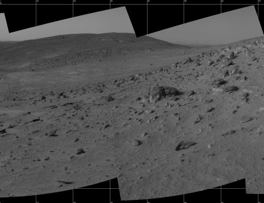 A new 360� Panorama from Spirit - Sol 388 (1)
Caption NASA originale:"NASA's Mars Exploration Rover Spirit used its NavCam to take the images combined into this 360° view of the Rover's surroundings on Spirit's 388th Sol (such as Feb. 4, 2005). Spirit had driven about 13 meters (43 feet) uphill toward "Cumberland Ridge" on this Sol. 
This location is catalogued as Spirit's Site 102, Position 513".
Parole chiave: Mars Panorama