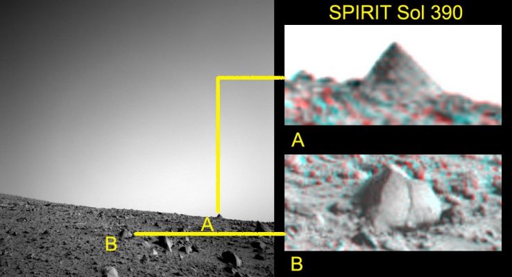 The "Pyramid" - detail mgnf
Un'elaborazione davvero fantastica (e tridimensionale) della - per ora ignorata dalla NASA - "piccola piramide" di Cumberland Ridge. Un grazie di cuore al Dr Alessio Feltri per lo splendido lavoro fatto ed una domanda ai Lettori: secondo Voi, di che cosa si tratta? 
E' forse una roccia simile a quella indicata dalla lettera "B", ma vista da un angolo visuale diverso (il quale ci dà l'impressione di una perfetta squadratura che, in realtà, non esiste...), oppure siamo effettivamente davanti ad una roccia squadrata e l'angolo visuale di ripresa è irrilevante?
Parole chiave: Highly Controversial Image