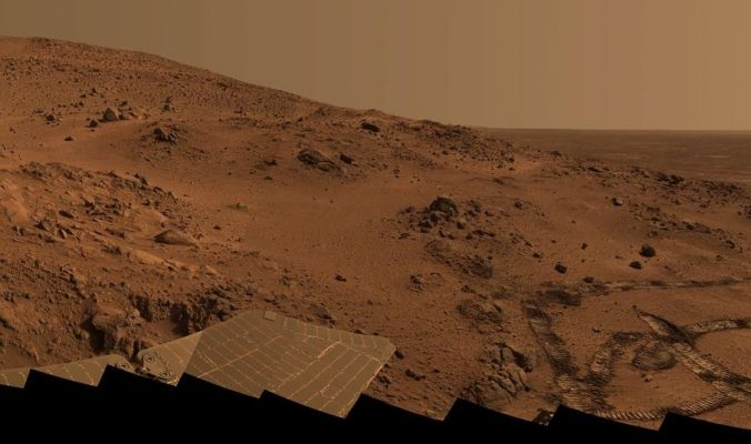 "Larry's Lookout" - Sol 410 (Natural Colors; credits: NASA/JPL-Caltech)
Caption NASA originale:"These seams have been smoothed out from the sky parts of the mosaic in order to simulate better the vista that a person would have if they were viewing it all at the same time on Mars. However, it is often not possible or practical to smooth out such seams for regions of rock, soil, rover tracks, or solar panels. Such is the nature of acquiring and assembling large Pancam panoramas from the Rovers".
Parole chiave: Mars Panorama