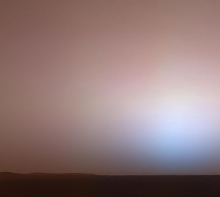 Sunset on Gusev Crater as a "human eye" would see it - Sol 464
Caption NASA originale:"Here is the martian twilight sky at Gusev crater, as imaged by the PanCam on NASA's MER Spirit around 18:20 in the evening of the Rover's 464th Sol (April 23, 2005). Spirit was commanded to stay awake briefly after sending that Sol's data to Mars Odyssey at sunset. This small panorama of the western sky was obtained using camera's 750-nnmt, 530-nnmt and 430-nnmt color filters. This filter combination allows false color images to be generated that are similar to what a human would see, but with the colors exaggerated. In this image, the bluish glow in the sky above where the Sun had just set would be visible to us if we were there, but the redness of the sky farther from the sunset is exaggerated compared to the daytime colors of the martian sky. 
These kinds of images are beautiful and evocative, but they also have important scientific purposes. Specifically, twilight images are occasionally acquired by the science team to determine how high into the atmosphere the martian dust extends, and to look for dust or ice clouds. Other images have shown that the twilight glow remains visible, but increasingly fainter, for up to two hours before sunrise or after sunset. The long martian twilight compared to Earth's is caused by sunlight scattered around to the night side of the planet by abundant high altitude dust. Similar long twilights or extra-colorful sunrises and sunsets sometimes occur on Earth when tiny dust grains that are erupted from powerful volcanoes scatter light high in the atmosphere. These kinds of twilight images are also more sensitive to faint cloud structures, though none were detected when these images were acquired. Clouds have been rare at Gusev crater during Spirit's 16-month mission so far".

Parole chiave: Mars Panorama - Sunset