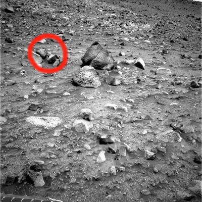 More anomalous rocks around Spirit (2) - Sol 516
Scusateci per la 'cerchiatura' in rosso, ma la piccola Singolarità che abbiamo notato è davvero difficile da indicare senza circoscrivere una porzione del paesaggio. Portate il frame sino a full-size e poi guardate nel cerchio rosso: c'è una specie di 'ponte' che unisce le due rocce? E' una struttura in formazione? Un difetto dell'immagine o una cancellatura venuta male? 
Noi sappiamo e vediamo che c'è 'qualcosa' fra le due rocce.
Ma cosa?
Parole chiave: Mars rocks, sand and debris - Controversial image