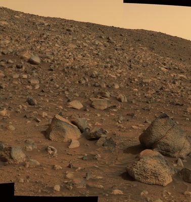 Looking at Husband's Summit - Sol 519 (Natural Colors; credits: NASA/JPL-Caltech)
... (sebbene occorra portare l'immagine sino a full-size e quindi bisogna analizzarla operando su quadranti delimitati e quadrante per quadrante) delle aree leggermente 'offuscate' le quali, tuttavia, vanno sempre a confondere le rocce - diciamo così - più 'bizzarre' e poste, rispetto alla PanCam del Rover, ad una distanza che stimiamo tra i 15 ed i 25 metri.
Comunque sia, la validità - a fini non solo "artistici", ma anche di ricerca - di questo composite-frame è, sempre a nostro parere, decisamente superiore alla media degli ultimi 8/9 mesi. 

Questa è la caption NASA originale:"Not long after conducting extensive investigations of tilted martian rock layers along its path, NASA's Spirit Rover prepared to resume the trek to the top of the Columbia Hills in June. This panorama, nicknamed Sunset Ridge, shows the terrain that lay ahead of the Rover on Spirit's 519th Sol (June 19, 2005). On the left is the summit of Husband Hill, Spirit's objective at that time".
Parole chiave: Mars Panorama - Mars rocks, sand and debris