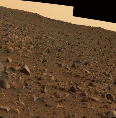 Looking at Husband's Summit - Sol 519 (Natural Colors; credits: NASA/JPL-Caltech)
"...This mosaic of images is an approximate true-color rendering of snapshots taken by the Rover's Panoramic Camera using 750-, 530-, and 430-nanometer filters. Spirit took these images at approximately 3 p.m. Local True Solar Time in Gusev Crater on Mars. The Rover then continued to climb throughout July, making numerous scientific investigations of martian rocks along the way".
Parole chiave: Mars Panorama - Mars rocks, sand and debris
